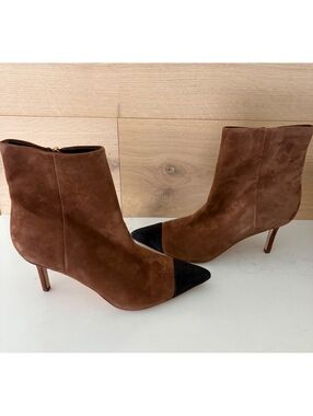Veronica Beard Lisa Brown Suede Black Cap Toe Ankle Boots Mid Heel Womens 8.5M